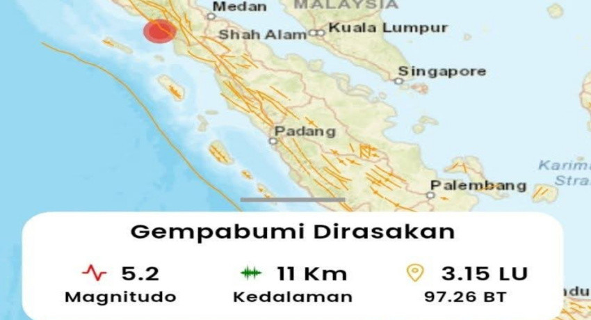 Aceh Selatan Diguncang Gempabumi Magnitudo 5'2, Getaran Terasa hingga Medan